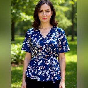 Sienna Sky Navy Blue Floral Blouse Wrap Top Size S